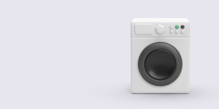 White Front-Loading Washing Machine With Buttons And Knob On Light Background, Minimalist 3D Style Representing Laundry, Household Appliance, And Home Hygiene Concept. Vector Illustration.