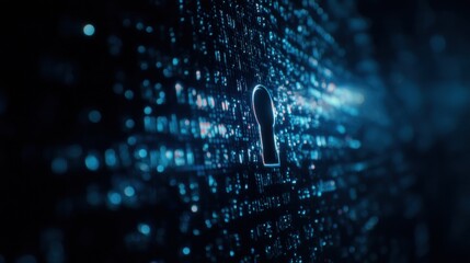 Close-Up Shot of Quantum Encryption Algorithms with Digitized Lock Keyhole Focusing on Data Protection Concepts