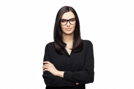 Young woman with dark hair, glasses, and black blouse, arms crossed, isolated on transparent background