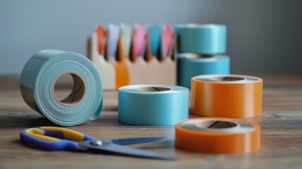 A tape dispenser with rolls of tape and scissors