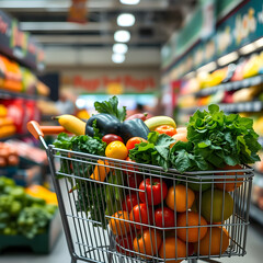 Vibrant supermarket trolley overflowing with crisp fresh vegetables and juicy fruits, set against blurred background of a store interior.
