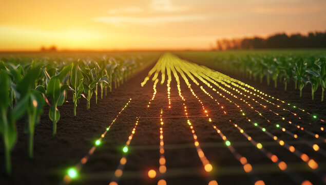 A close-up shot of an illuminated grid on the ground in front, showcasing rows and columns for precision farming