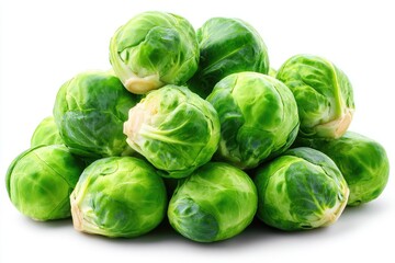 Fresh brussels sprouts arranged in a pile.