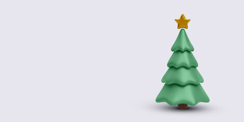 Cute Green Christmas Tree With Golden Star On Top In Minimal 3D Style, Standing On Light Background. Perfect For Holiday Cards, Winter Decor, Or Festive Scenes. Vector Illustration