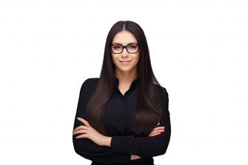 Fototapeta premium Confident young woman in black button-up shirt with rectangular black-framed glasses, transparent background