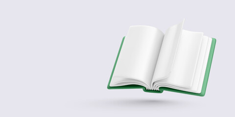 Minimal Floating Open Book With Blank Curved Pages And Green Cover On Light Background, Perfect For Education, Design, Or Reading Concepts. Clean Vector Illustration