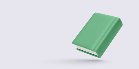 Green hardcover book in 3D cartoon style on soft background. Ideal for school, education, or literature visuals. Clean and simple design. Vector illustration.