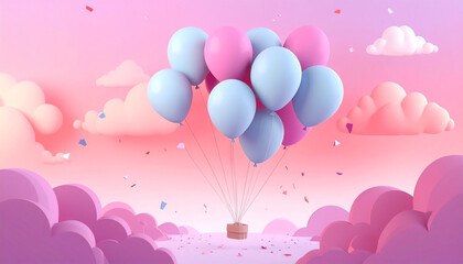Colorful image of pink and blue balloons floating in air surrounded by soft clouds and scattered confetti, creating joyful and dreamy atmosphere