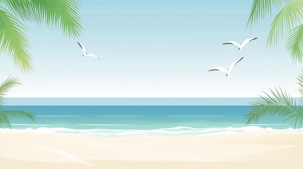 Calm coastal scene with clear sky, seabirds, and gentle waves.