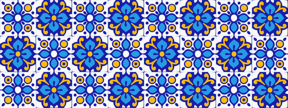 Seamless Mediterranean tile pattern with blue, yellow, and white ceramic motifs. Traditional Portuguese and Spanish designs. Perfect for decor, packaging, backgrounds, and summer themes.