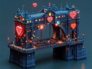 An illuminated architectural bridge structure decorated with heart symbols