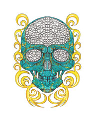 Jewelry design skull with turquoise diamond and gold by hand drawn.