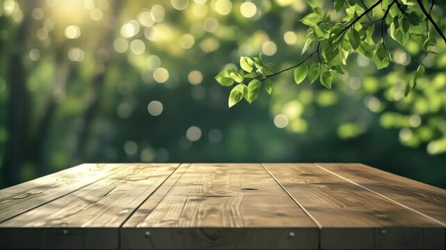Wooden Table with Nature Background and Sunlight Bokeh
