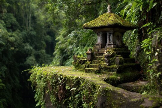 Ancient mossy shrine nestled in a lush forest.