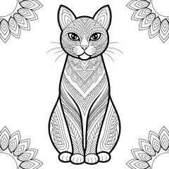 A black and white mandala cat design illustration line art of a coloring page