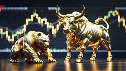 Golden Bull and Bear Statues with Stock Market Chart Background, Symbol of Financial Market Trends, Investment, and Trading