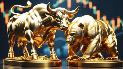 Golden Bull and Bear Statues with Stock Market Chart Background, Symbol of Financial Market Trends, Investment, and Trading