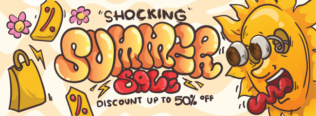 eye out sun cartoon character with shopping bag for shocking summer sale bannere concept.  summer sale banner template vector illustration