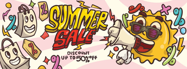 sun cartoon mascot holding megaphone for summer salle banner concept. summer sale banner template vector illustration