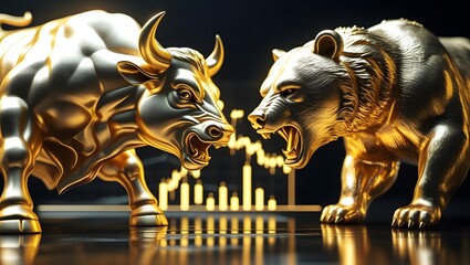 Golden Bull and Bear Statues with Stock Market Chart Background