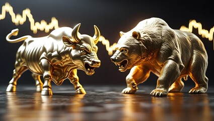 Golden Bull and Bear Statues with Stock Market Chart Background
