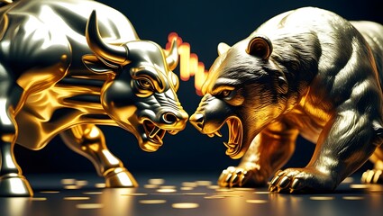 Golden Bull and Bear Statues with Stock Market Chart Background, Symbol of Financial Market Trends, Investment, and Trading
