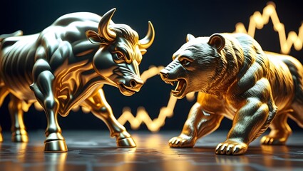 Golden Bull and Bear Statues with Stock Market Chart Background, Symbol of Financial Market Trends, Investment, and Trading