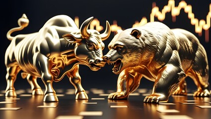 Golden Bull and Bear Statues with Stock Market Chart Background, Symbol of Financial Market Trends, Investment, and Trading