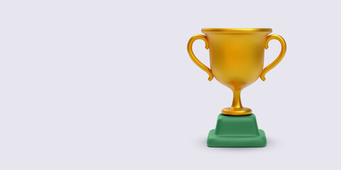 Golden Trophy Cup with Curved Handles and Green Base on Light Background. Ideal for Awards, Achievement, and Success Concepts. Realistic and Stylish Vector Illustration.