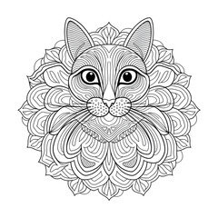 A black and white mandala cat head design illustration line art of a coloring page