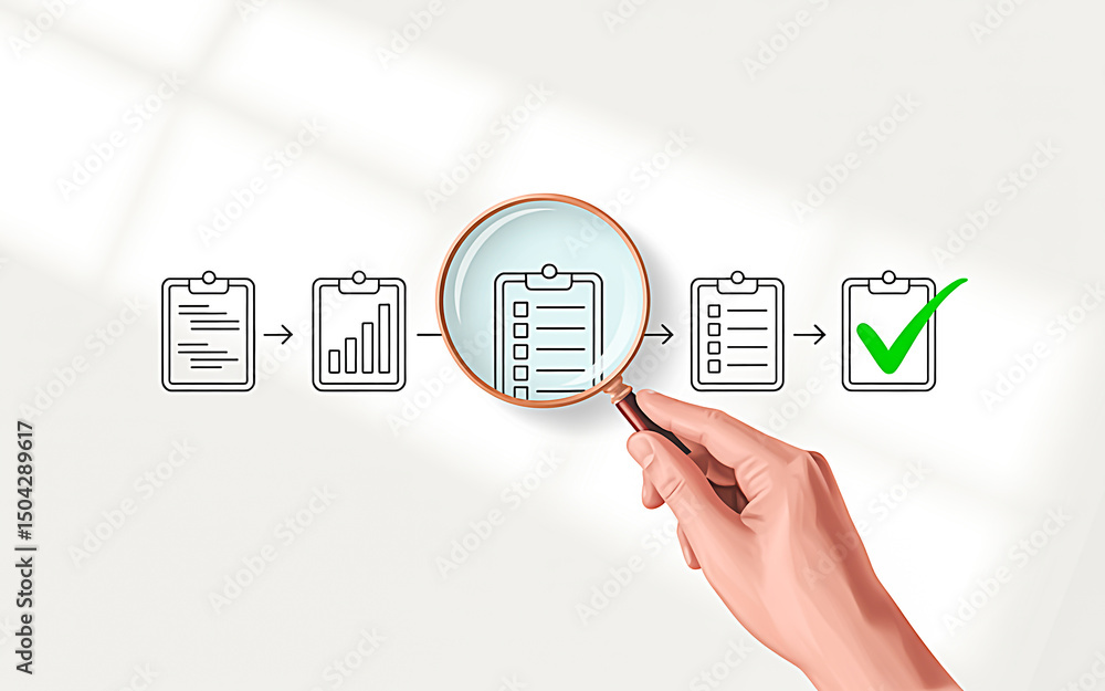 Poster document review & quality control process a magnifying glass highlights a completed checklist, repre