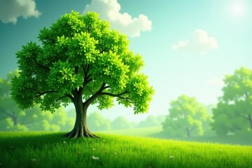 Obraz premium Green tree sharply in focus, sky bokeh background, nature light, forest, flora, crisp