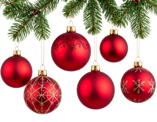 A decorative set of red Christmas tree ornaments paired with lush pine branches, traditional holiday colors and festive theme, isolated on a transparent background.