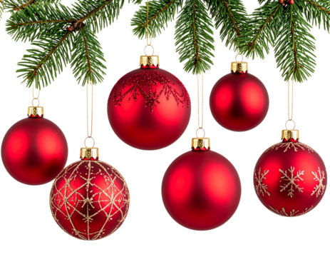  A decorative set of red Christmas tree ornaments paired with lush pine branches, traditional holiday colors and festive theme, isolated on a transparent background.