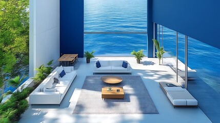 Luxurious modern coastal living room overlooking a vast ocean view