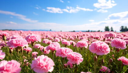 Obraz premium 青空の下に咲くピンクのカーネーション – 爽やかな自然風景 Pink Carnations Blooming in a Field Under Blue Sky – Refreshing Floral Scene