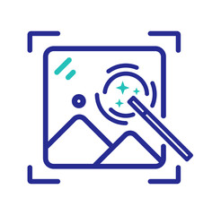 Vector icon with editable outlines representing AI-powered image enhancement. Ideal for apps or tools boosting photo sharpness, color correction, and resolution...