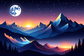 Pixel Sunset Mountains Moon and Starry Sky