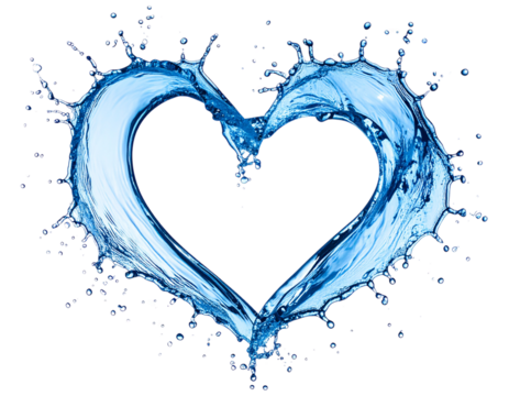 A dynamic and elegant splash of water shaped like a heart, with shimmering highlights and ripples, perfect for romance, wellness, or eco themes, isolated on a transparent background.