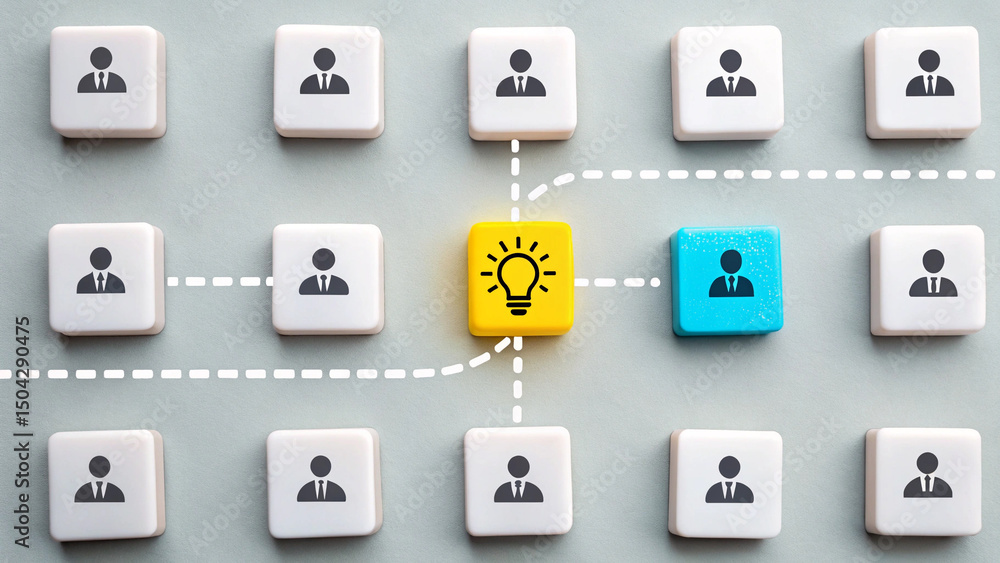 Poster Network of people with an idea and a leader connected by dotted lines on a gray background surface
