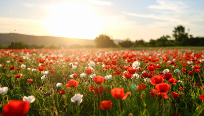 草地に咲く赤と白のアネモネ – 優しく風に揺れる花の風景
Red and White Anemones Blooming in a Natural Meadow – Gently Swaying Floral Scene
