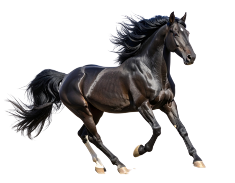 A graceful light brown stallion depicted mid-run from a side angle, with strong legs extended and tail flowing, energetic and majestic, isolated on a transparent background.