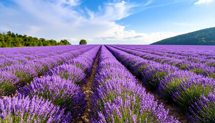 Fototapeta premium 青空の下に広がるラベンダー畑の風景、初夏の素材 Lavender Field under a Clear Blue Sky, Early Summer Stock Image 