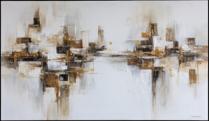 Abstract cityscape, muted tones.  A horizontal composition of layered, geometric shapes in muted golds, creams, and grays, creating a sense of urban expanse