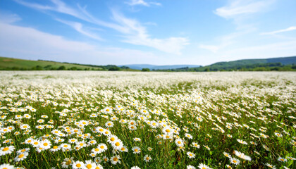 明るい空に広がるデイジー畑の風景、春夏の素材  
Daisy Field Spreading under a Bright Sky, Spring and Summer Stock Image
