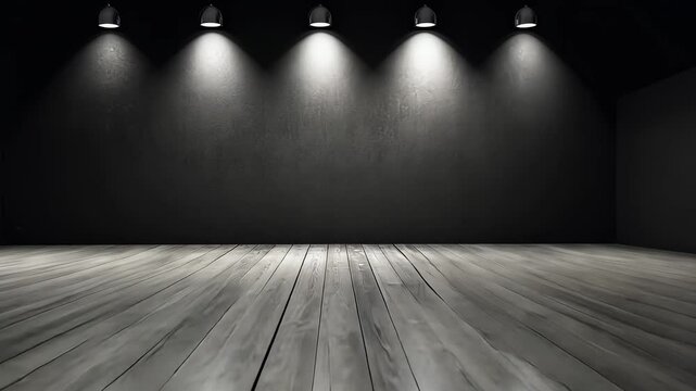 An empty room with wooden floor and spotlights on a dark wall.