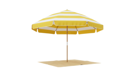 A open yellow striped beach umbrella, isolated on transparent background, cut out png