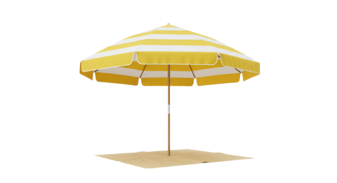 A open yellow striped beach umbrella, isolated on transparent background, cut out png