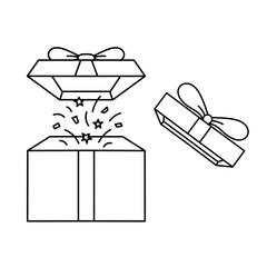 Vector line art of gift boxes with ribbon, includes open and closed versions. Suitable for birthdays, celebrations, and holidays.