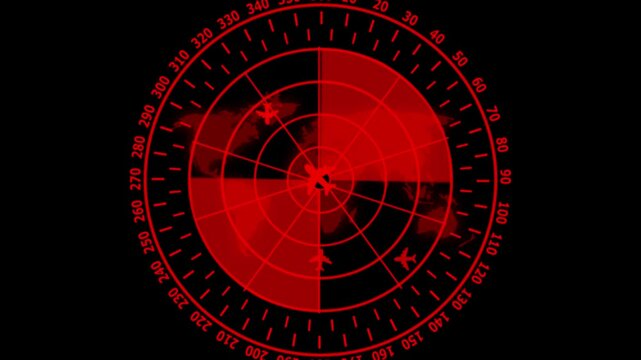Radar screen animation on black background. Signal transmitted sonar radar. Hud icon. An air traffic control tower equipped with radar. Radar animation red color on black background. 